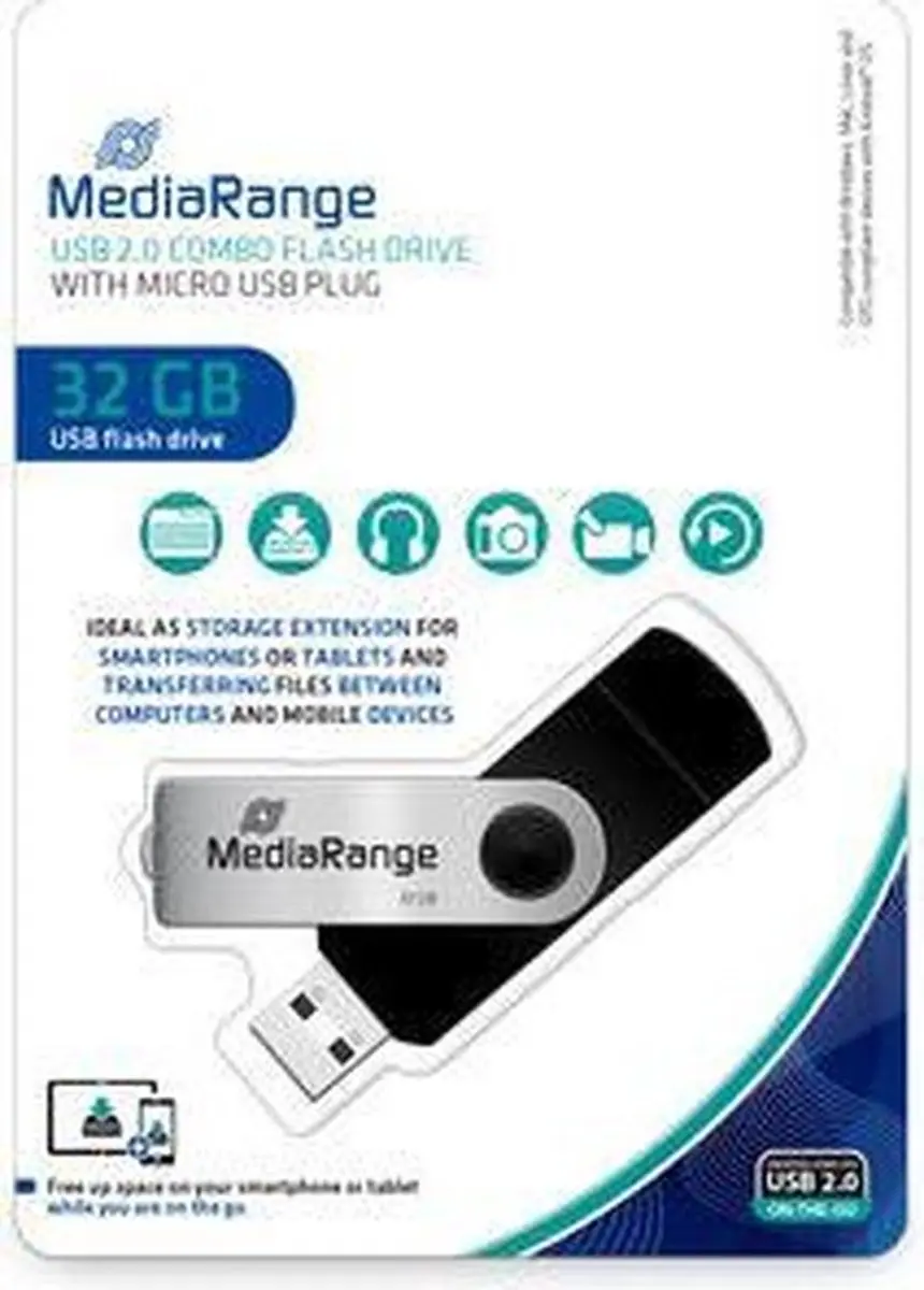 MediaRange MR932-2 USB-Stick 32GB Combo - Zwart/Zilver - afbeelding 4 van 4