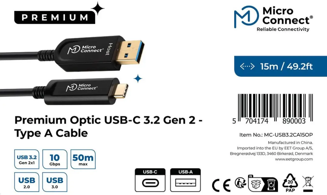 Microconnect MC-USB3.2CA15OP USB-kabel USB A naar USB C 15m - Zwart - afbeelding 2 van 6