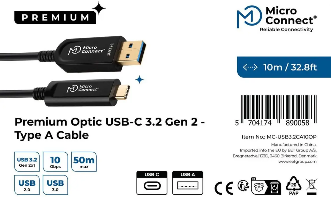 Microconnect MC-USB3.2CA10OP USB-kabel USB-A naar USB-C 10m - Zwart - afbeelding 2 van 6