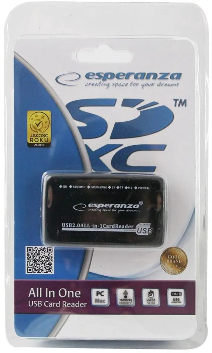 Esperanza EA117 Geheugenkaartlezer USB 2.0 - SDXC - Zwart - afbeelding 3 van 5