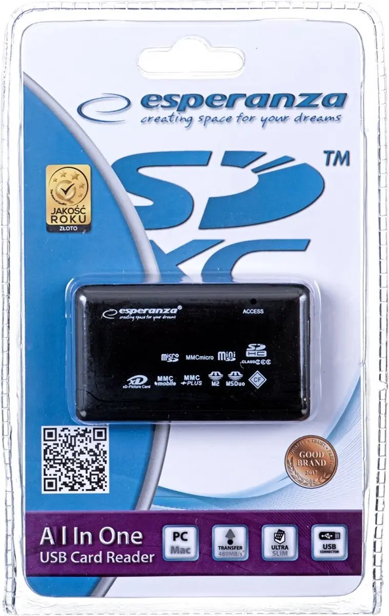 Esperanza EA117 Geheugenkaartlezer USB 2.0 - SDXC - Zwart - afbeelding 4 van 5