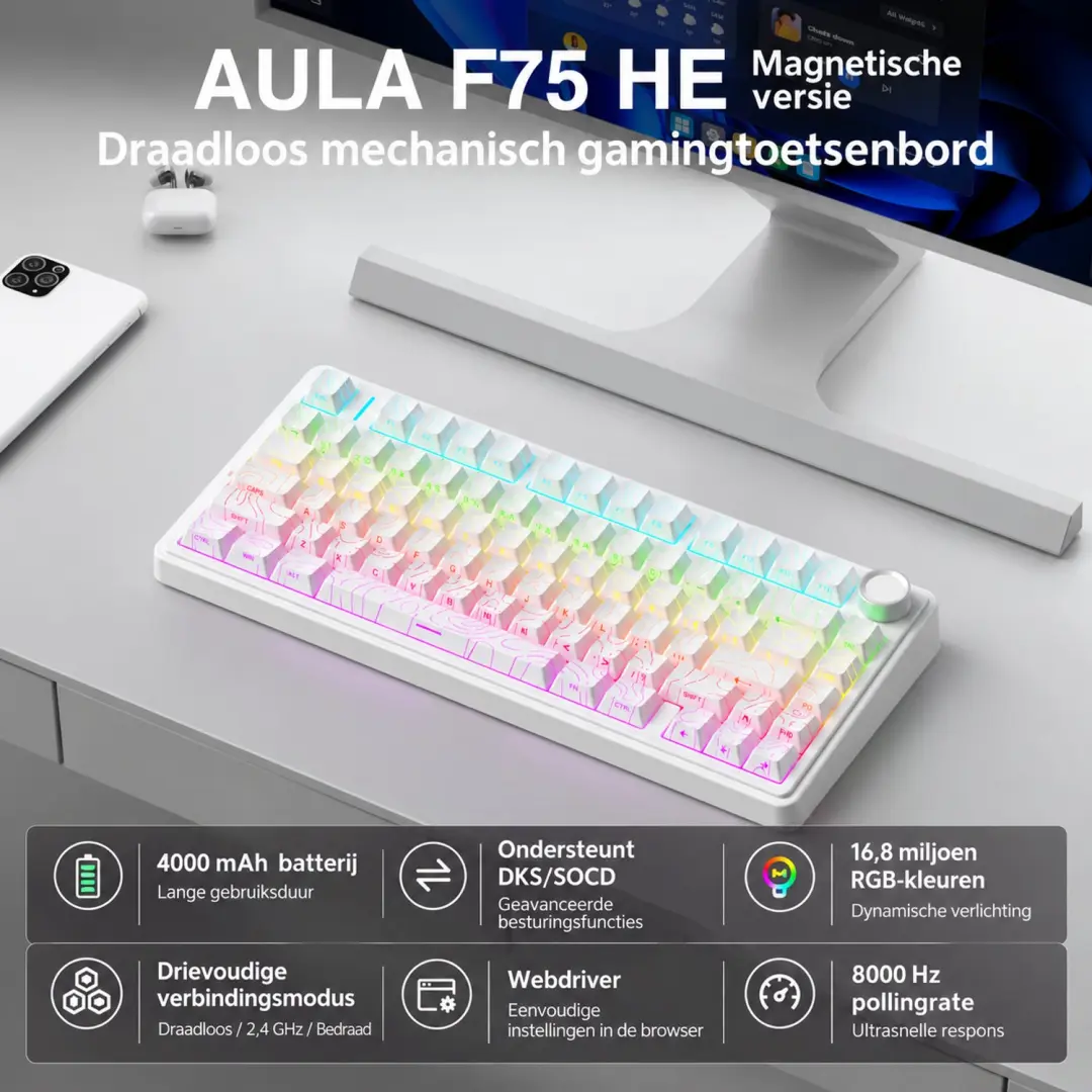AULA F75 HE Gaming Toetsenbord - 75% - Hall Effect - Wit - afbeelding 5 van 6