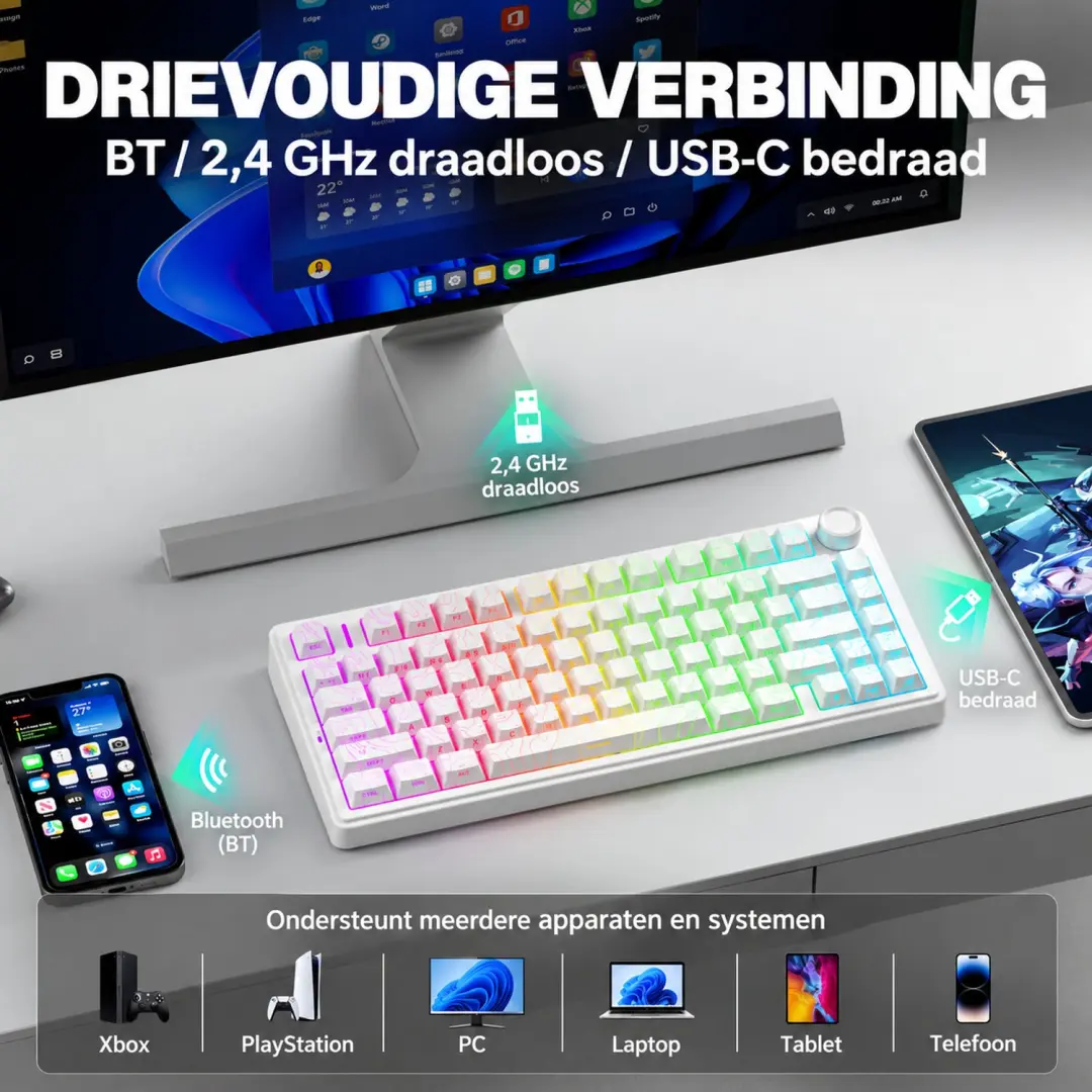 AULA F75 HE Gaming Toetsenbord - 75% - Hall Effect - Wit - afbeelding 2 van 6