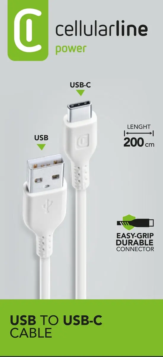 Cellularline USB-A naar USB-C kabel 2m - Wit - afbeelding 4 van 5