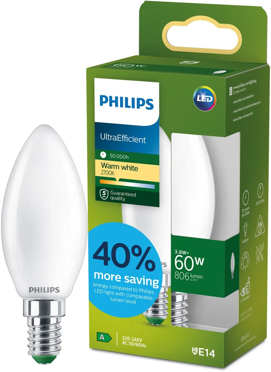 Philips UltraEfficient LED B35 E14 3.8W Warmwit Mat