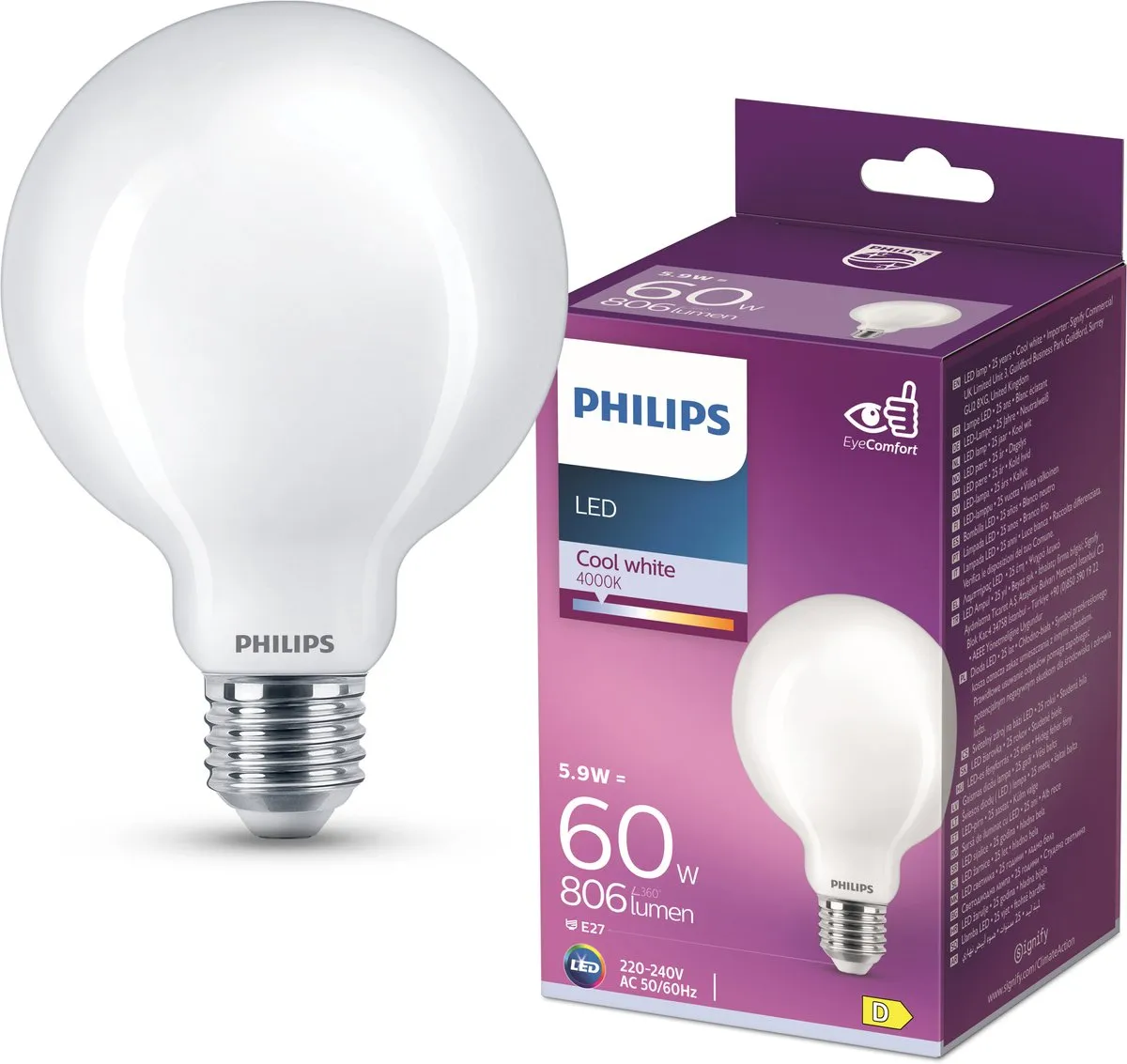 Philips LED Globelamp E27 7W Koelwit Mat