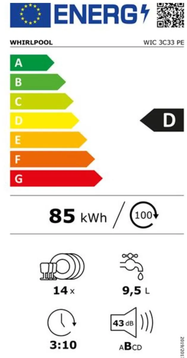 Whirlpool WIC3C33PE Inbouwvaatwasser 14 Couverts - Energielabel D