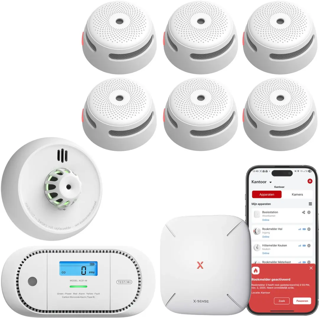 X-Sense Complete Link+ Pro Slimme bundel - 6 XS01-M Rookmelders, 1 XC01-M Koolmonoxidemelder, 1 XH02-M Hittemelder en SBS50 Base Station - Werkt via app - WiFi gateway - Draadloos RF koppelbaar - Brandalarm, Keukenmelder en CO melder - Smart home