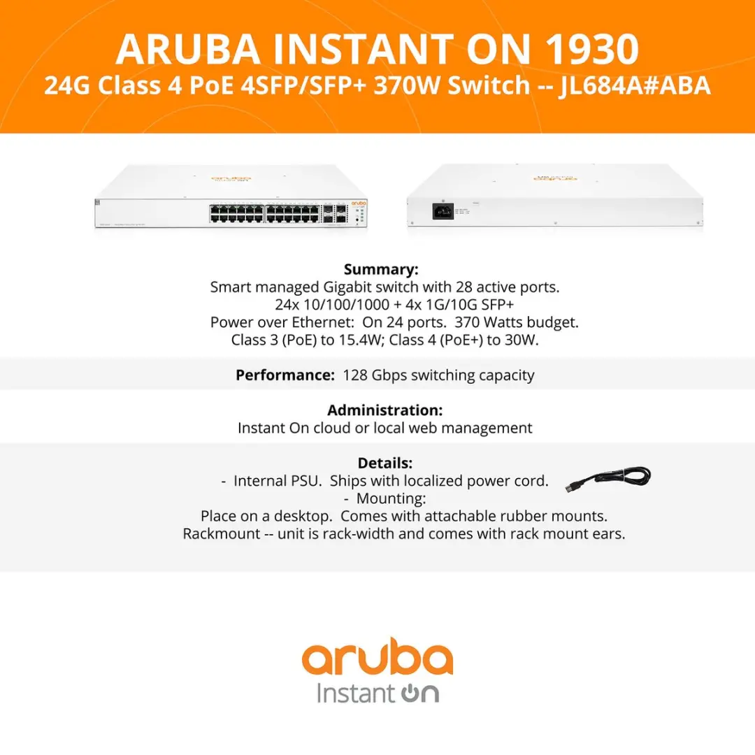 Aruba Instant On 1930 JL684A Switch - 24 Poorten - afbeelding 6 van 6
