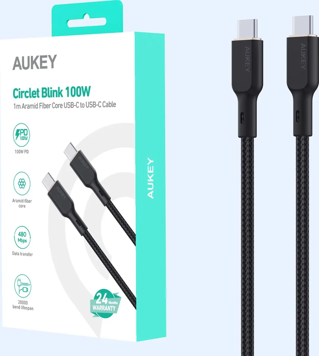 AUKEY CB-KCC101 USB-C naar USB-C kabel 100W - 1m - Zwart - afbeelding 4 van 6