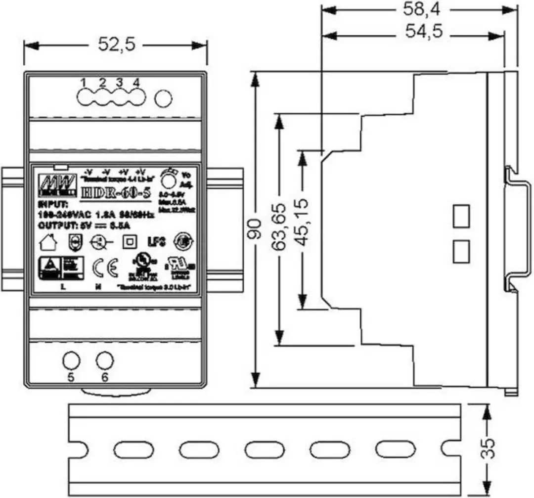 Mean Well HDR-60-48 DIN-rail netvoeding - 48 V/DC 60 W - afbeelding 3 van 4
