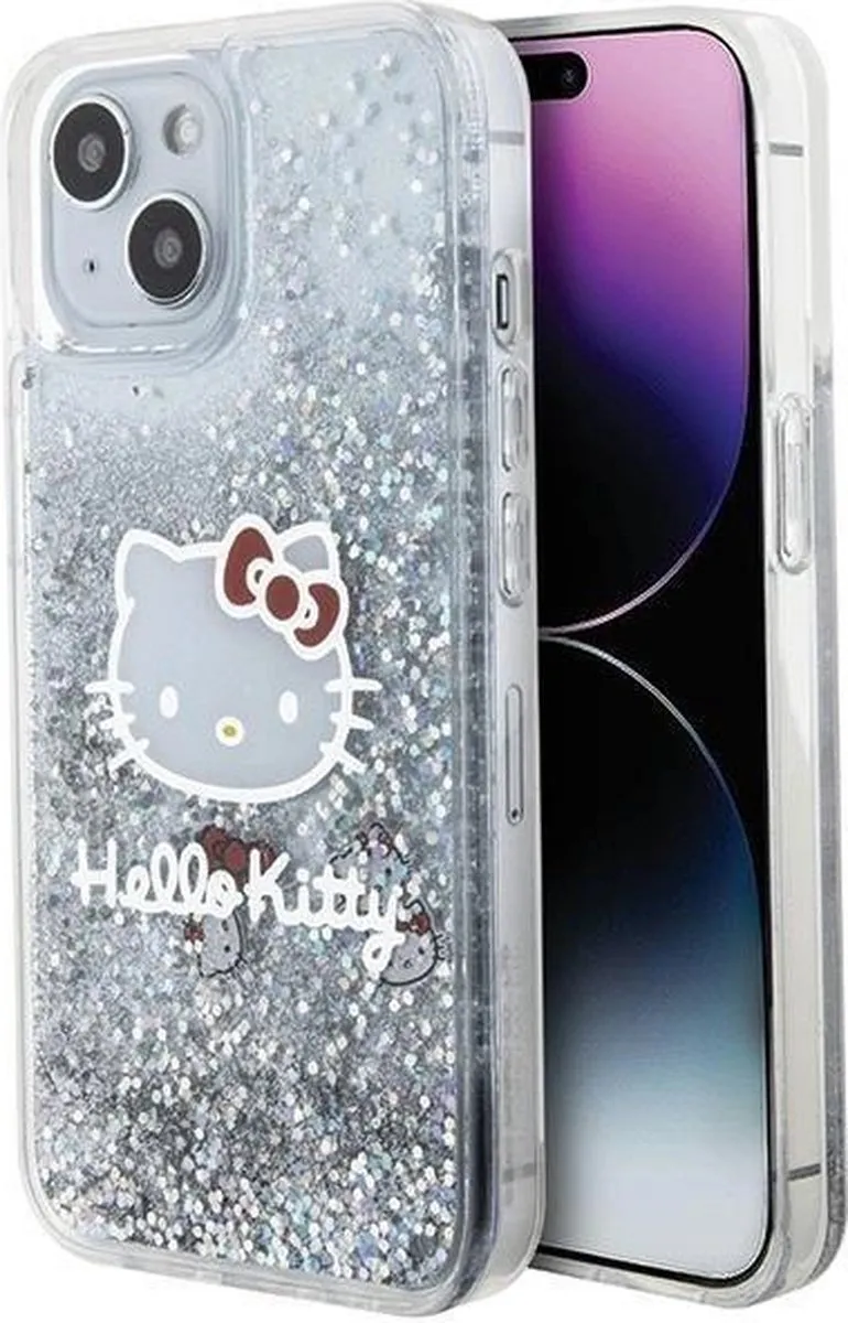Hello Kitty Liquid Glitter Charms iPhone Hoesje 15 - Zilver