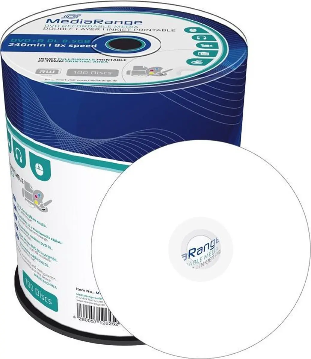 MediaRange MR471 DVD+R DL Printable - 8,5 GB - 100 Stuks - afbeelding 3 van 4