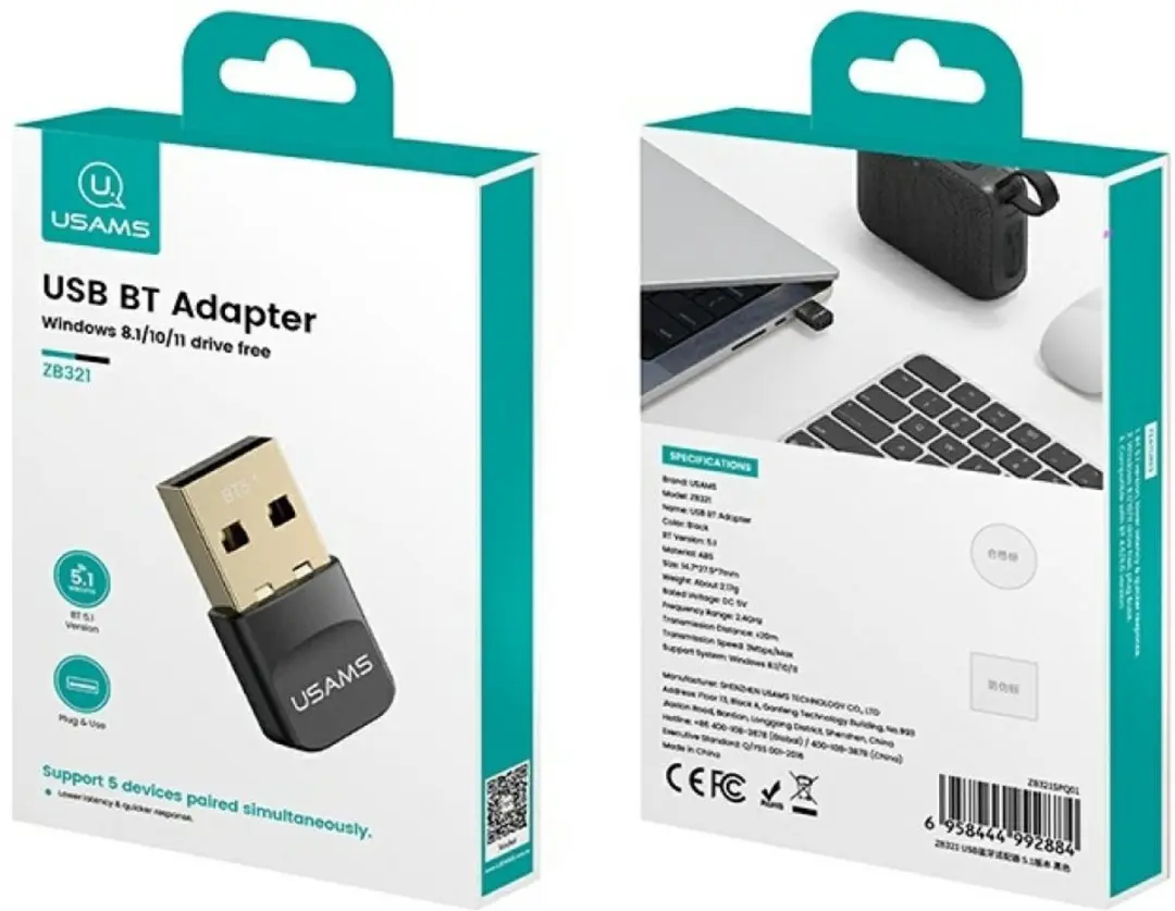 USAMS ZB321 USB Bluetooth Adapter - Bluetooth 5.1 - Zwart - afbeelding 5 van 6
