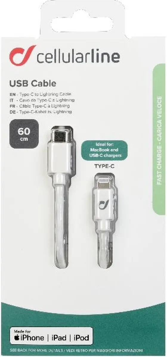 Cellularline USBDATAC2LMFI60CMW USB-C naar Lightning Kabel 0,6m - Wit - afbeelding 4 van 6
