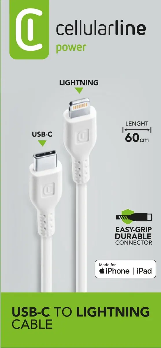 Cellularline USBDATAC2LMFI60CMW USB-C naar Lightning Kabel 0,6m - Wit - afbeelding 6 van 6