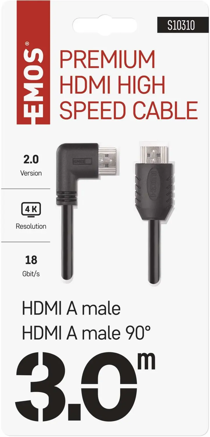 Emos HDMI 2.0 kabel S10310 - A-stekker 90° - 3 m - afbeelding 3 van 6