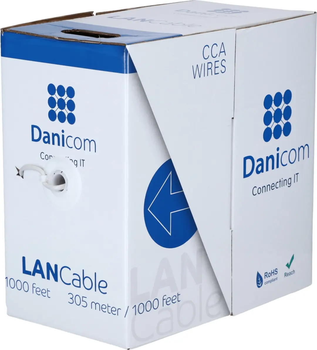 Danicom CAT5e FTP 305 meter kabel op rol stug grijs CCA