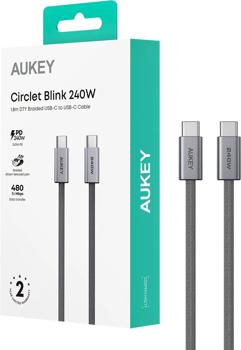 Aukey CB-DCC242 USB-C Kabel 1.8m 240W - Zilver/Grijs - afbeelding 5 van 6