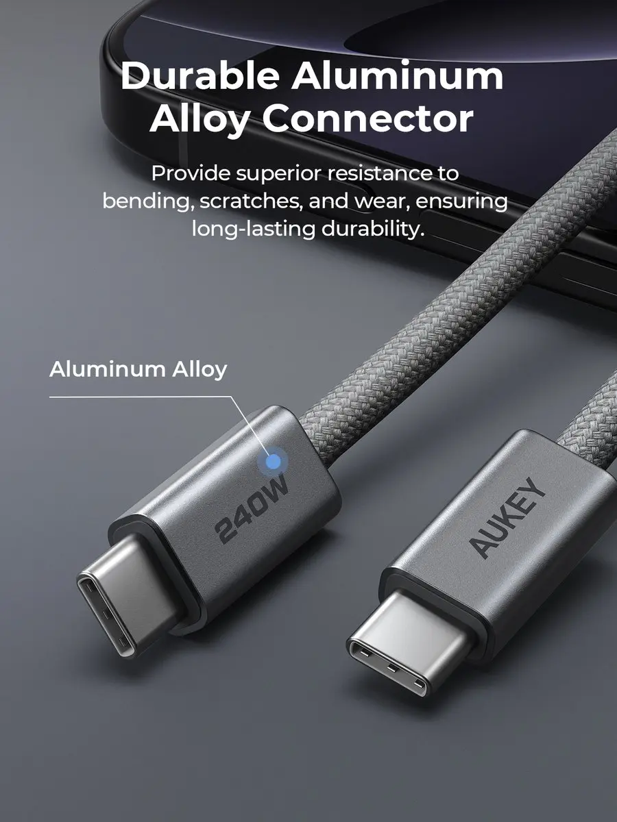 Aukey CB-DCC242 USB-C Kabel 1.8m 240W - Zilver/Grijs - afbeelding 6 van 6