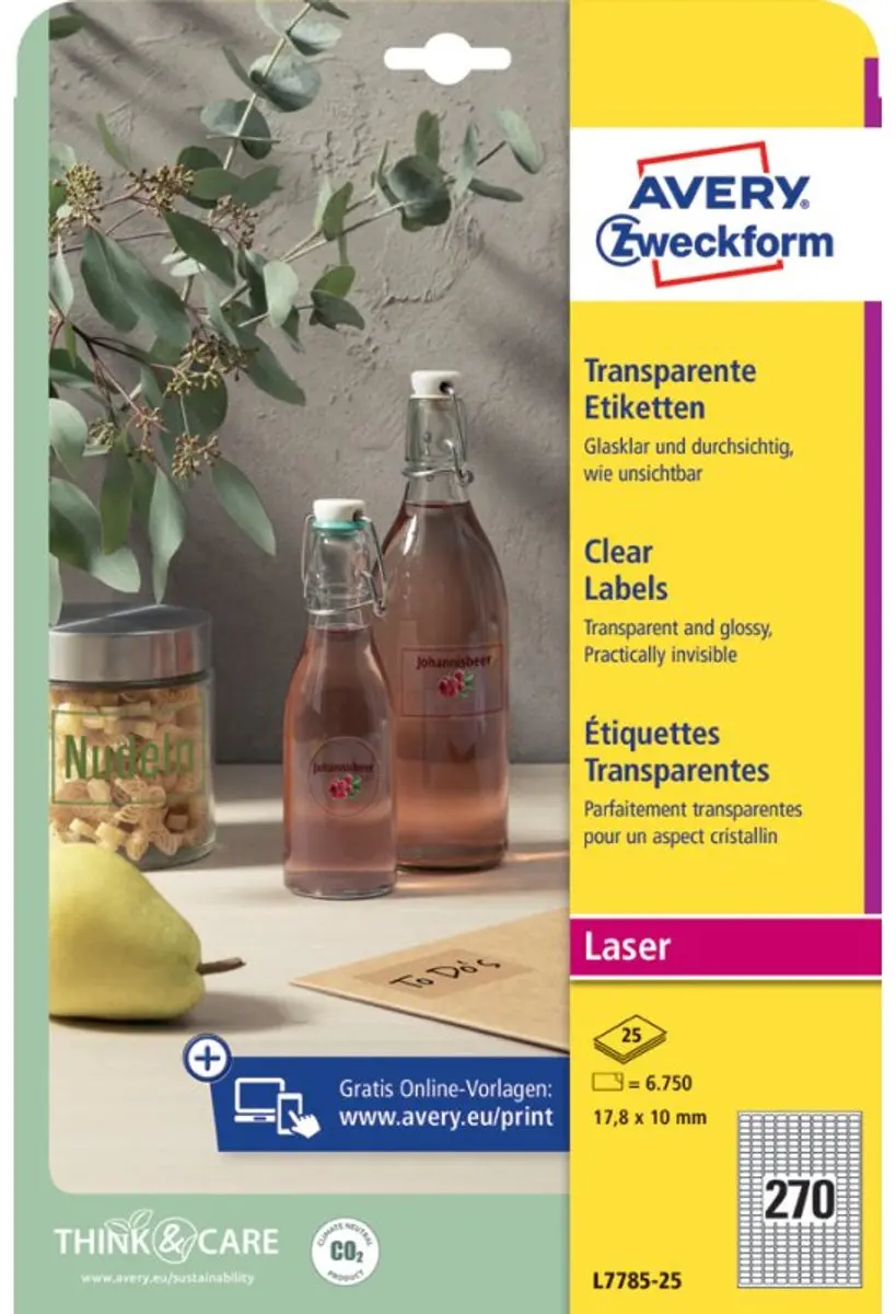 AVERY Zweckform transparante etiketten, 300 stuks, 25 vel A4