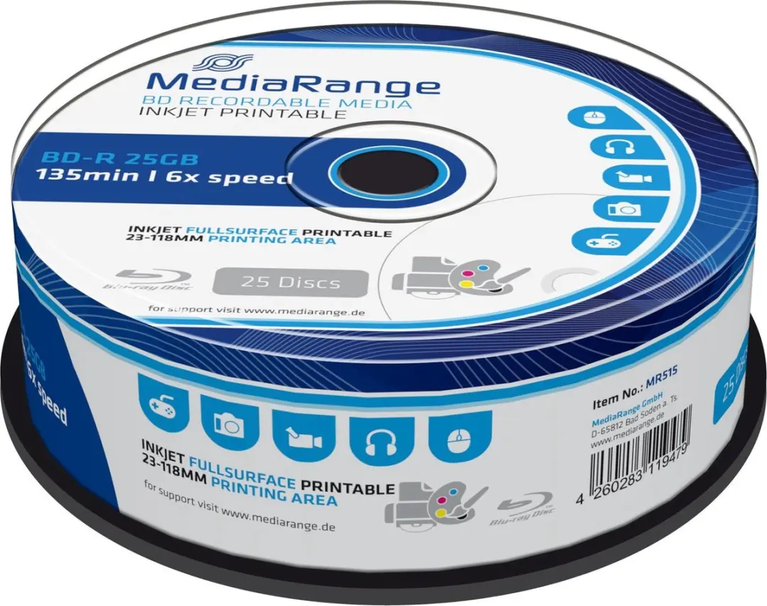 MediaRange BD-R 25GB 6x Full-Printable - Cakebox 25 Stuks - afbeelding 3 van 3