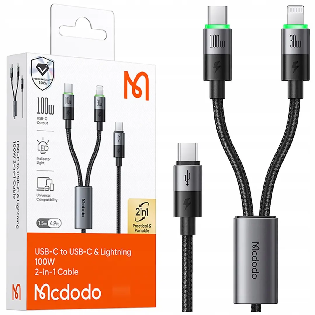 Mcdodo Usb-C 2In1 Snellaadkabel Voor Iphone 14 Macbook Led 100W 2M