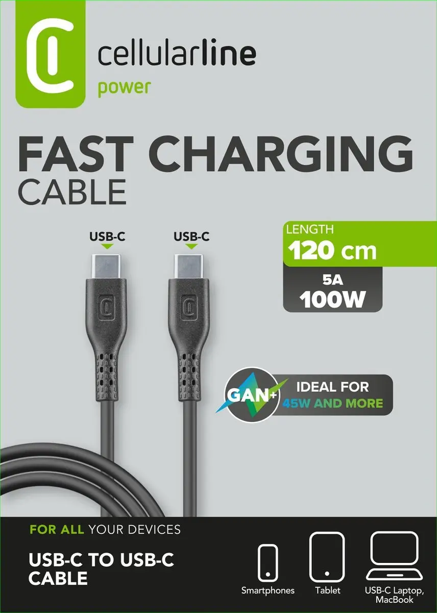 Cellularline USBDATA100C2C5A1MK USB-C kabel 1,2 m - 100W - Zwart - afbeelding 3 van 3
