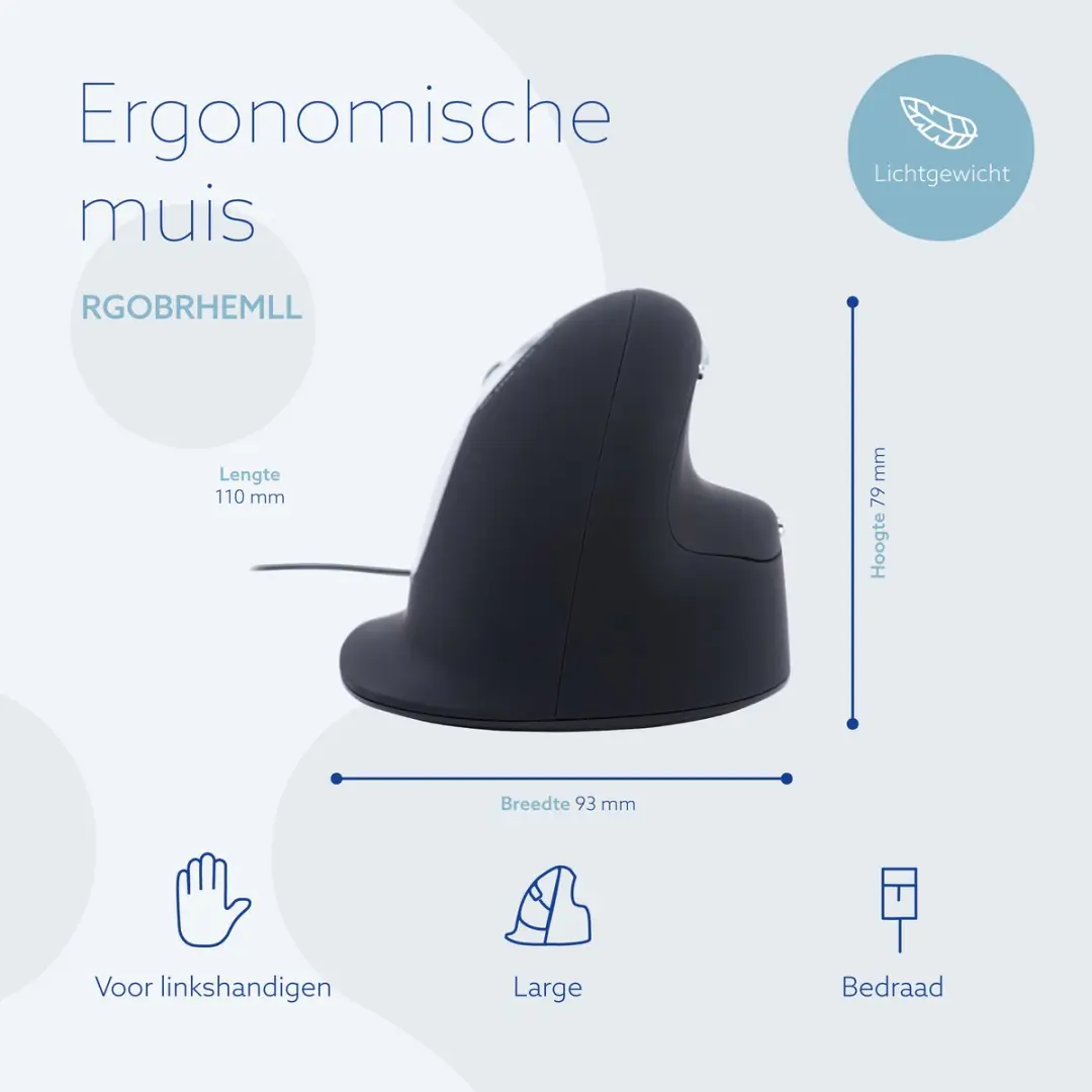 R-Go HE Break Verticale Muis Large - Links, Bedraad - afbeelding 2 van 6