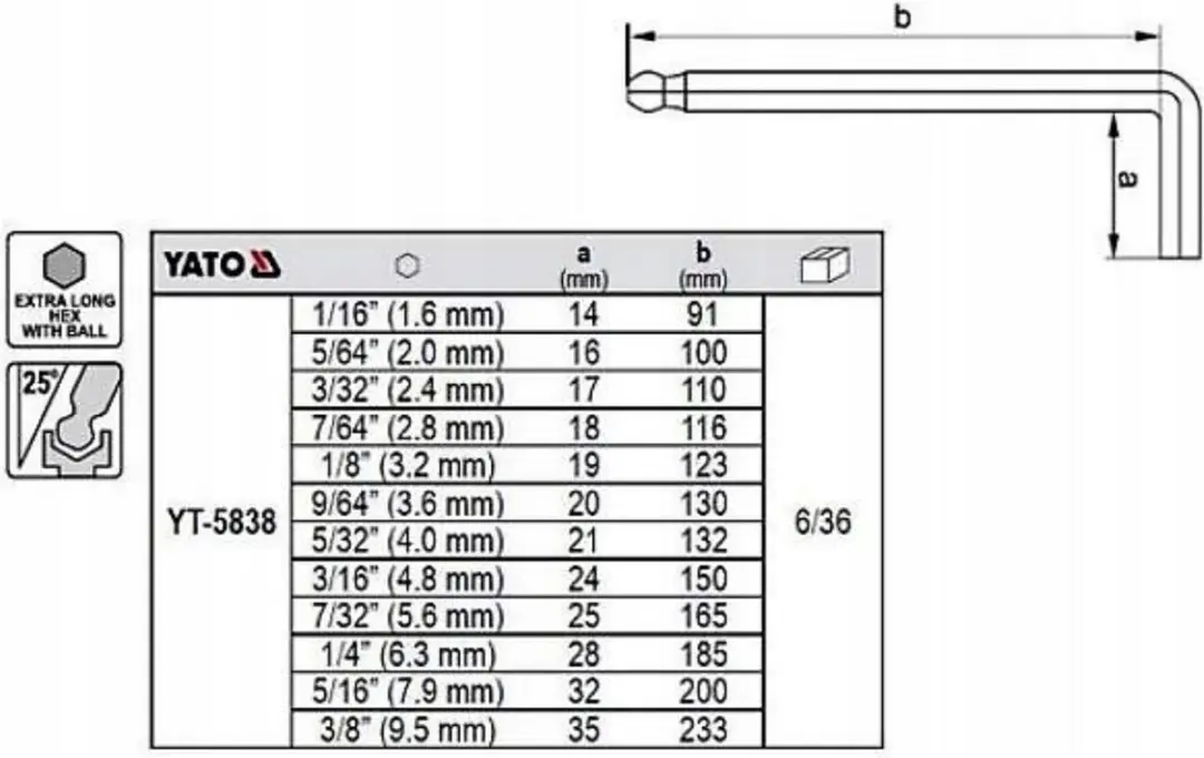 Yato Inbussleutelset 12-delig - 1/16" tot 3/8" - Zilver - afbeelding 2 van 2