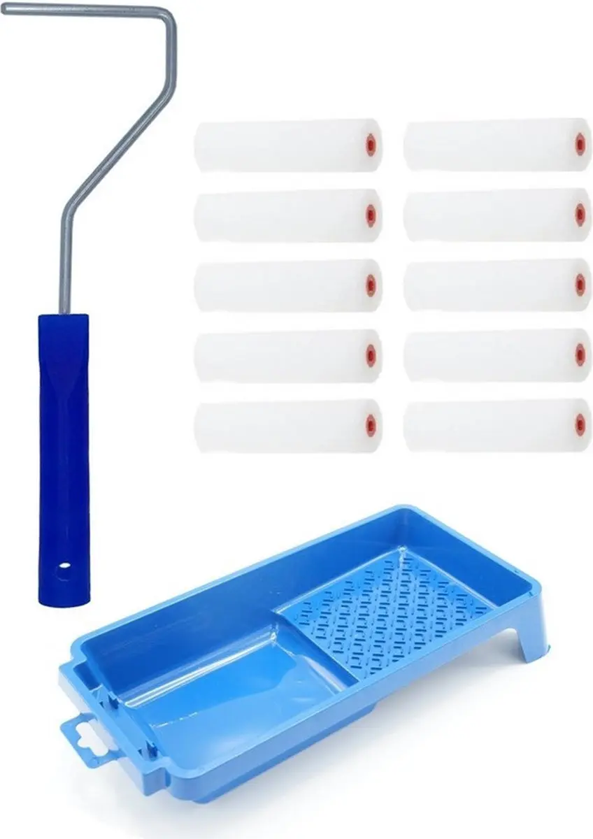 10x verfrollers / schuimrollers fijn inclusief rollerbeugel en verfbakje
