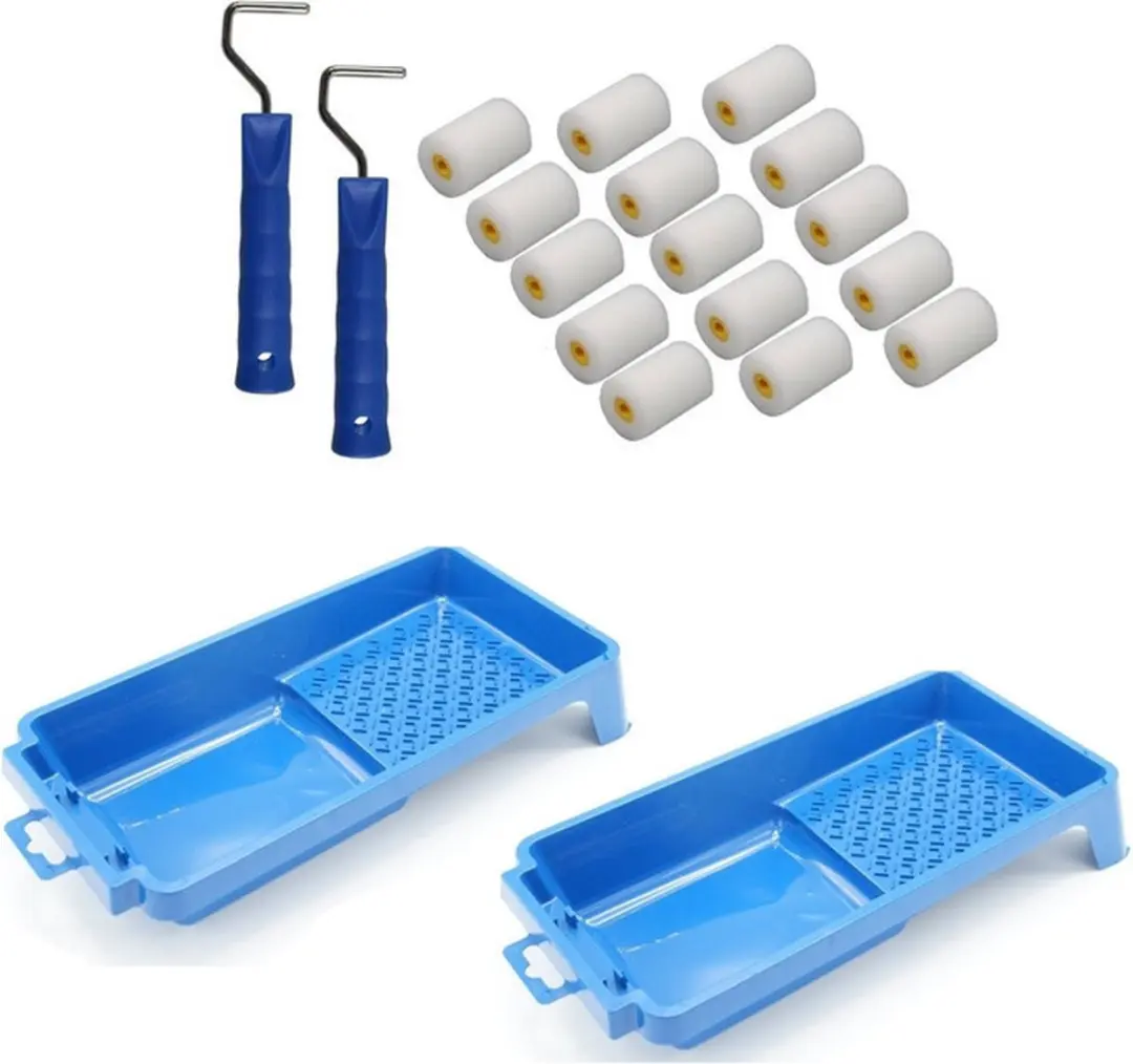 15x verfrollers / schuimrollers fijn incl 2 rollerbeugels en 2 verfbakjes