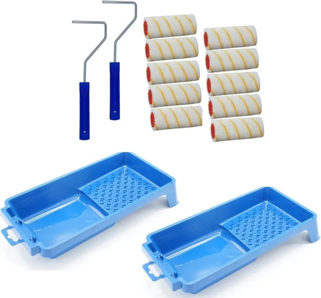 10x verfroller / vachtrollers incl 2 rollerbeugels en 2 verfbakken