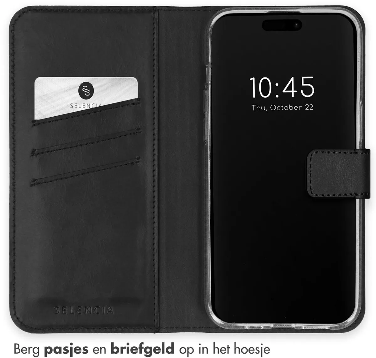 Selencia Hoesje iPhone 15 Pro Max Echt Lederen Bookcase - Zwart