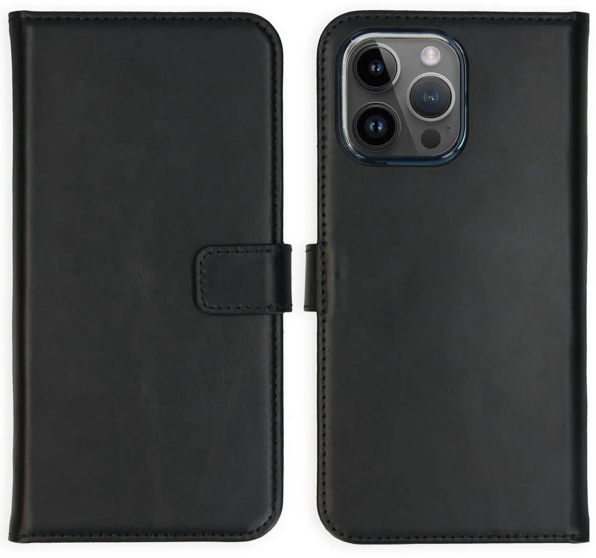 Selencia Hoesje iPhone 15 Pro Max Echt Lederen Bookcase - Zwart