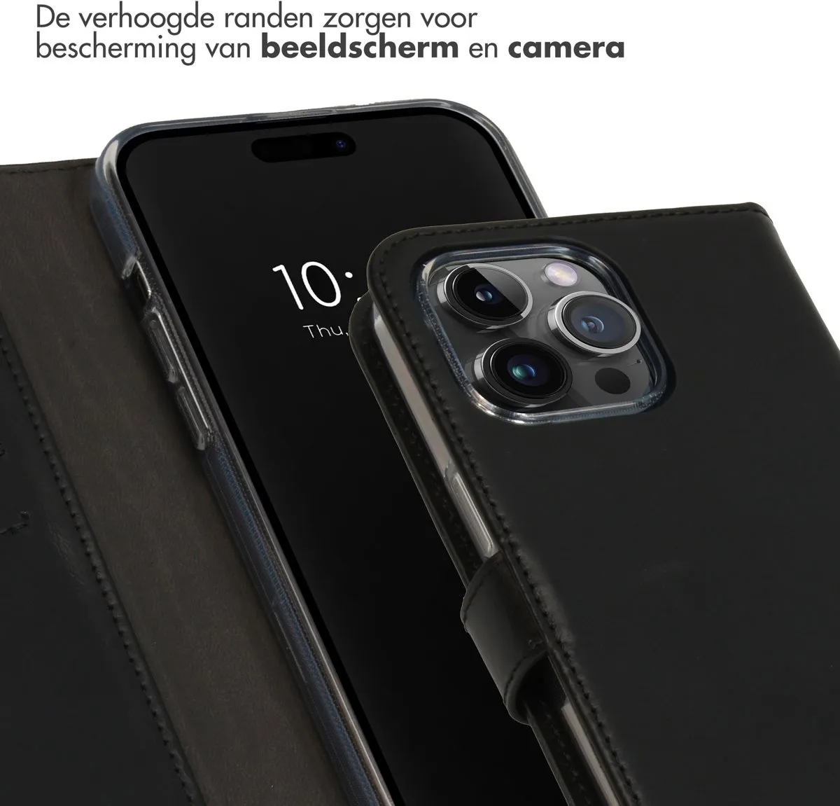 Selencia Hoesje iPhone 15 Pro Max Echt Lederen Bookcase - Zwart