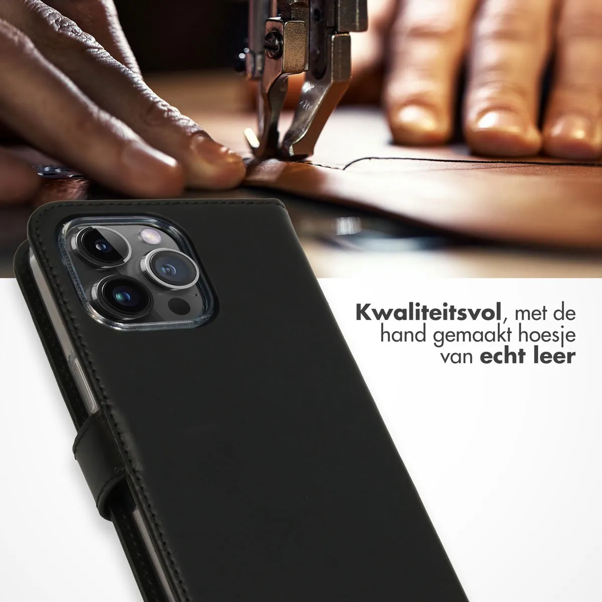 Selencia Hoesje iPhone 15 Pro Max Echt Lederen Bookcase - Zwart