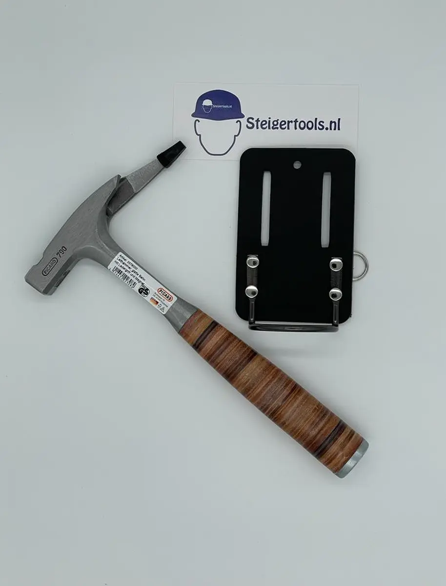 Picard steigerhamerset met zwart splitlederen houder en massieve Picard steigerh