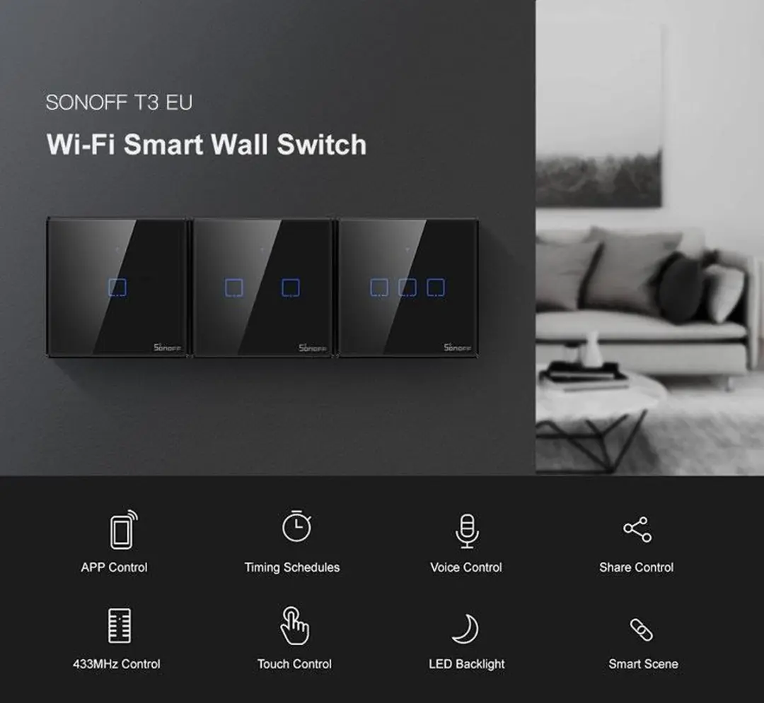 Sonoff T3EU2C Smart Wandschakelaar 2-voudig - Zwart - afbeelding 6 van 6