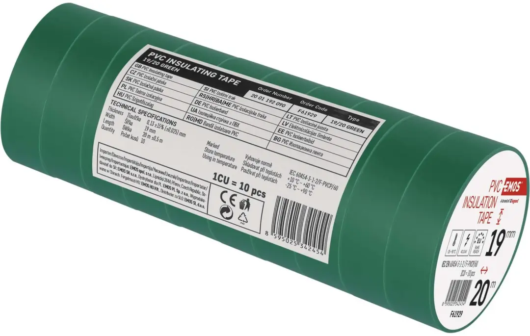 EMOS PVC-isolatietape 19mm/20m - Groen, 10 stuks - afbeelding 4 van 6