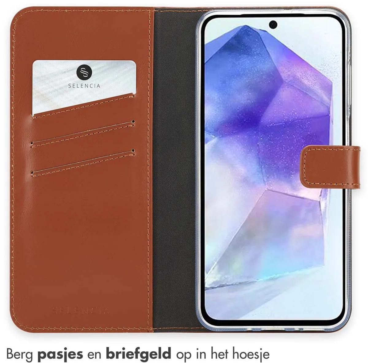 Selencia Hoesje Samsung Galaxy A26 Echt Lederen Bookcase Lichtbruin