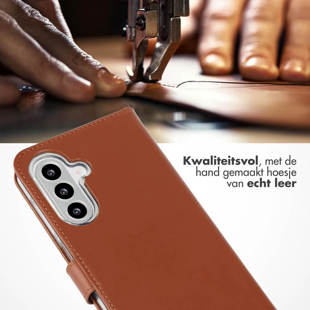 Selencia Hoesje Samsung Galaxy A26 Echt Lederen Bookcase Lichtbruin