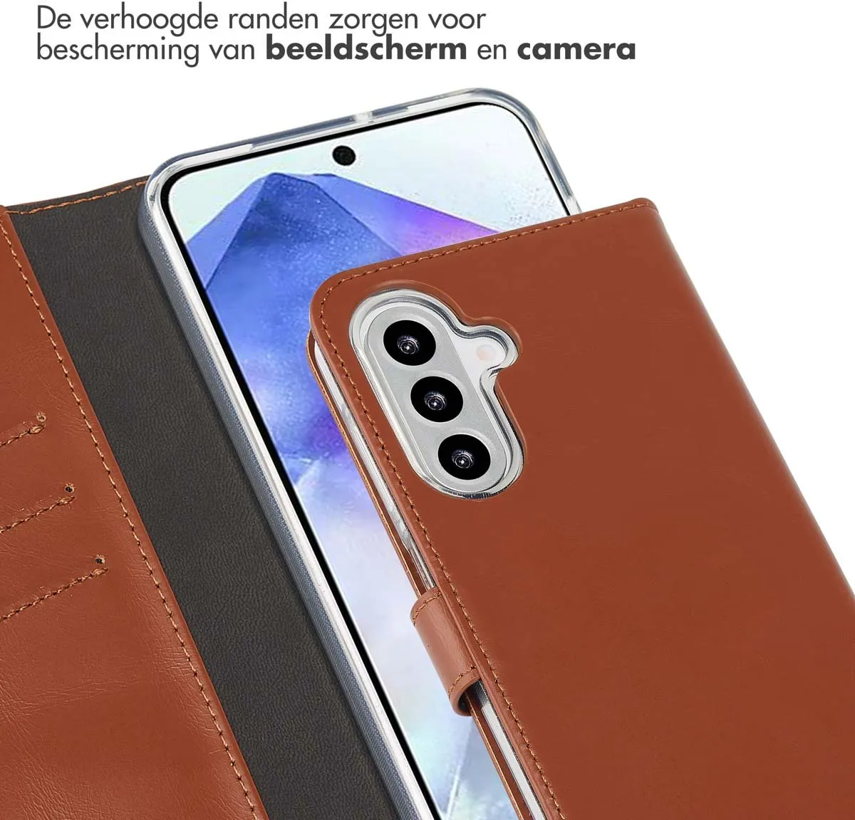 Selencia Hoesje Samsung Galaxy A26 Echt Lederen Bookcase Lichtbruin