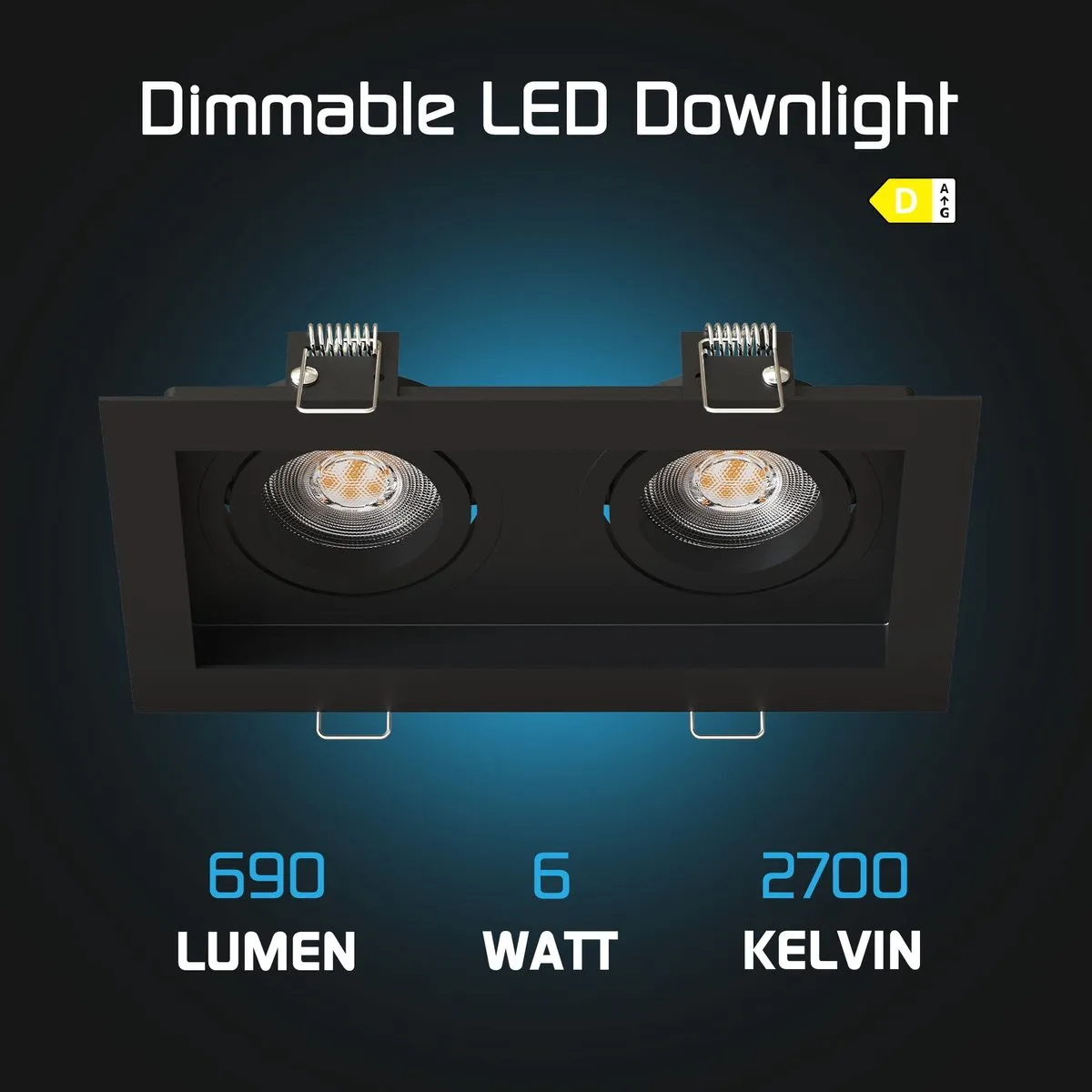 LEDVION 6x Inbouwspot Dubbel Rechthoek 185x100mm - Zwart - 3W