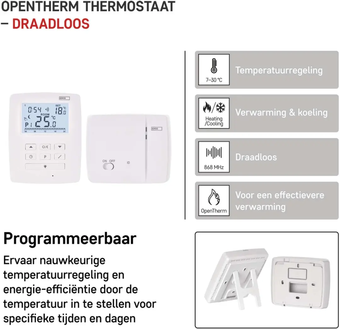 Emos P5611OT Programmeerbare OpenTherm Kamerthermostaat - Draadloos - Wit - afbeelding 2 van 6