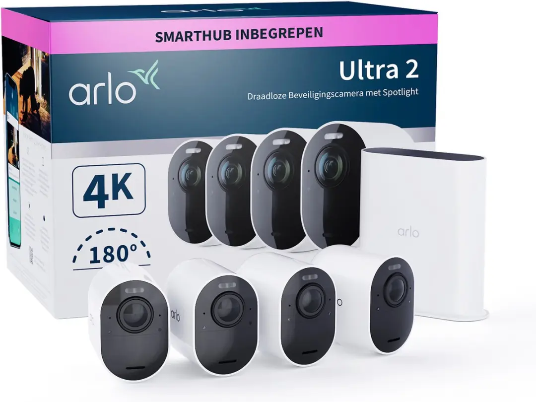 Arlo Ultra 2 draadloze WiFi-beveiligingscamera voor buiten, 4K UHD, 180˚ kleure
