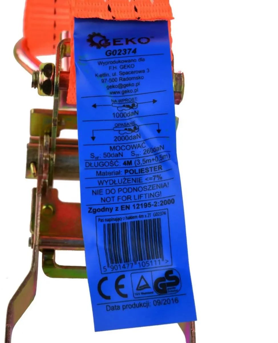 GEKO Ratchet Spanband - 4m - 2000 kg - Polyester - Oranje - afbeelding 5 van 6