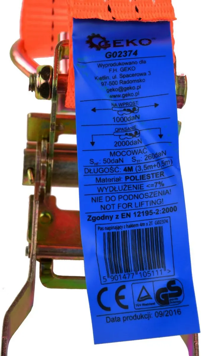 GEKO Ratchet Spanband - 4m - 2000 kg - Polyester - Oranje - afbeelding 3 van 6