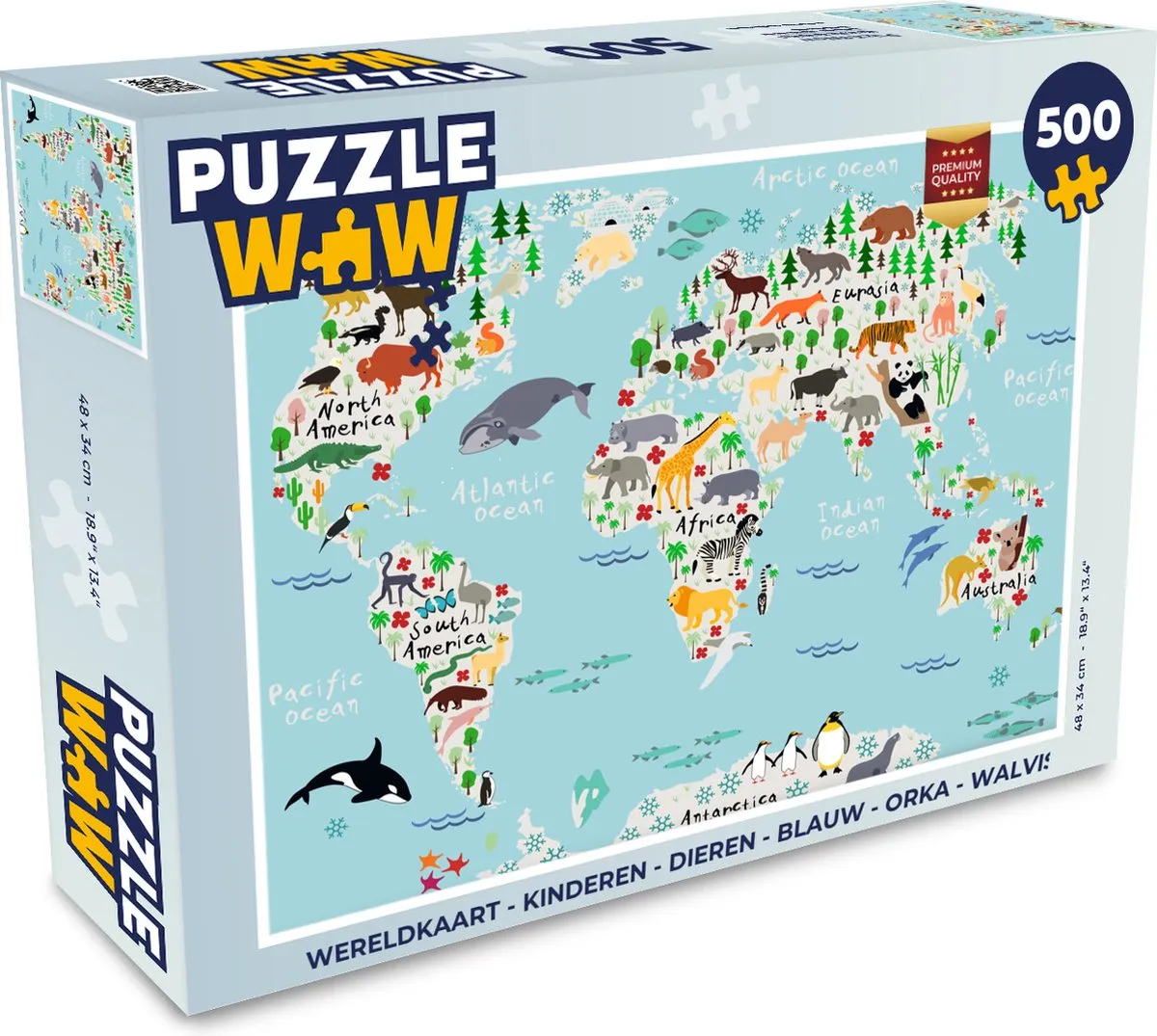 PuzzleWow Wereldkaart Dieren Puzzel 500 Stuks