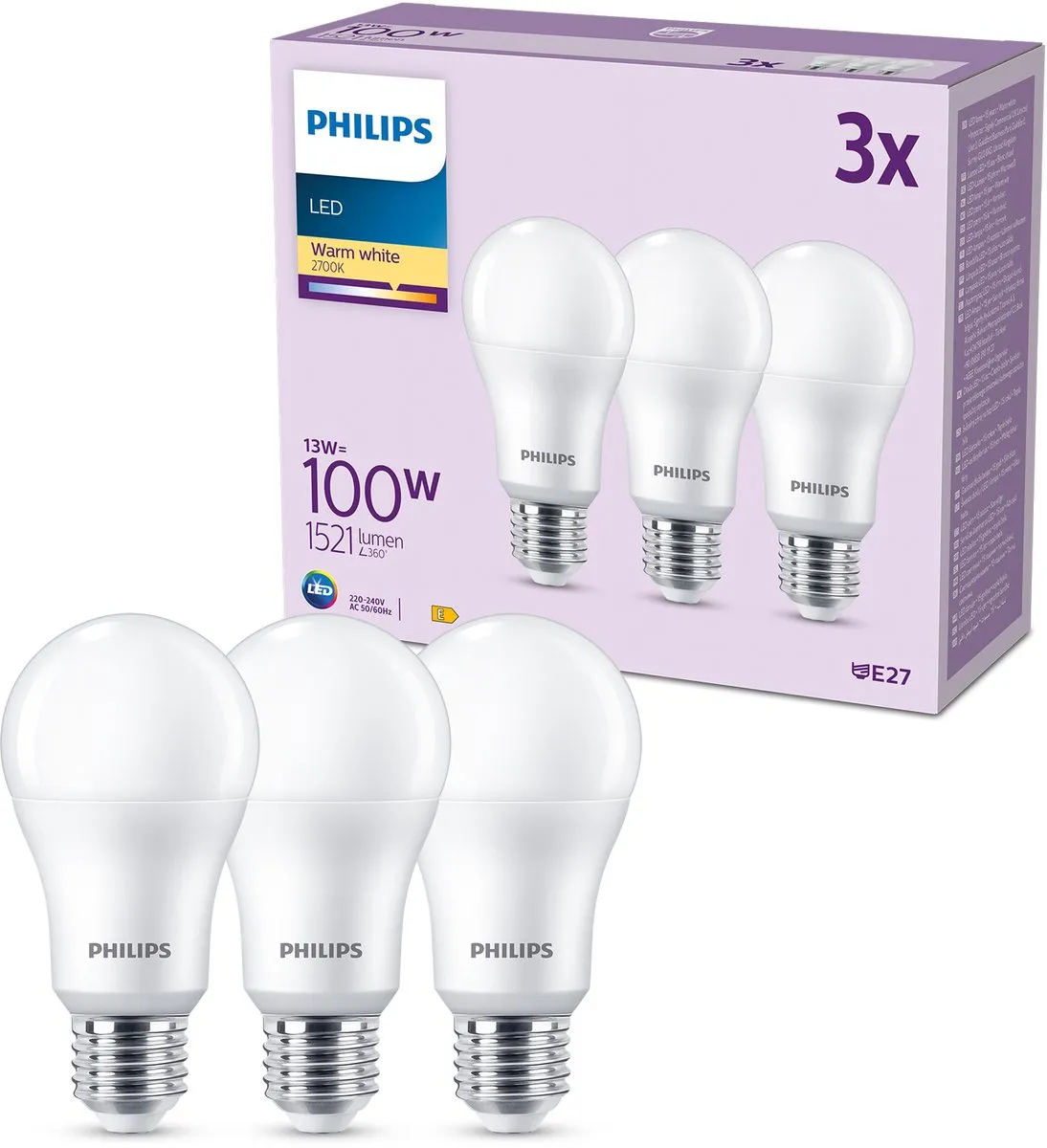 Philips LED Lamp Mat E27 13W Warmwit - 3 Stuks